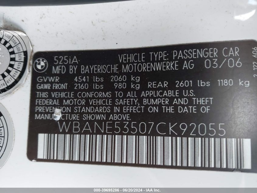 2007 BMW 525I VIN: WBANE53507CK92055 Lot: 39695286
