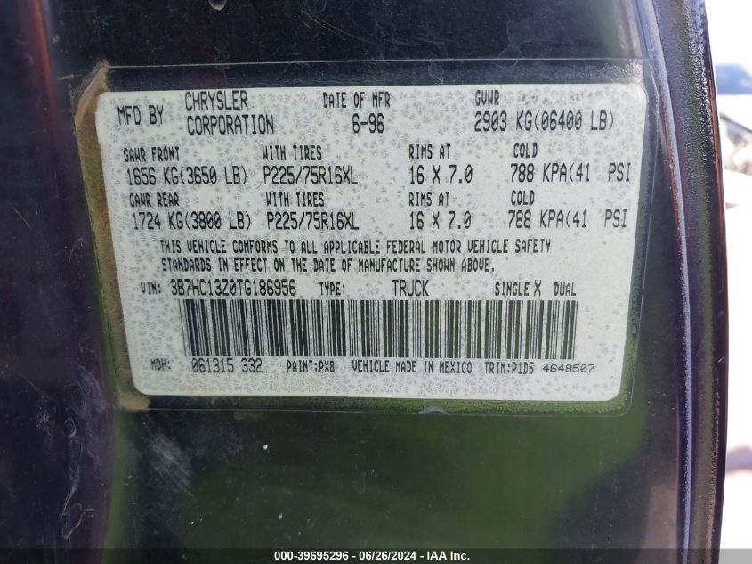 1996 Dodge Ram 1500 VIN: 3B7HC13Z0TG186956 Lot: 39695296