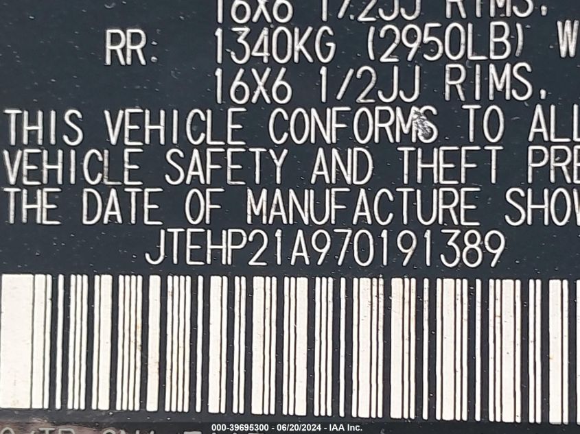 2007 Toyota Highlander Sport VIN: JTEHP21A970191389 Lot: 39695300