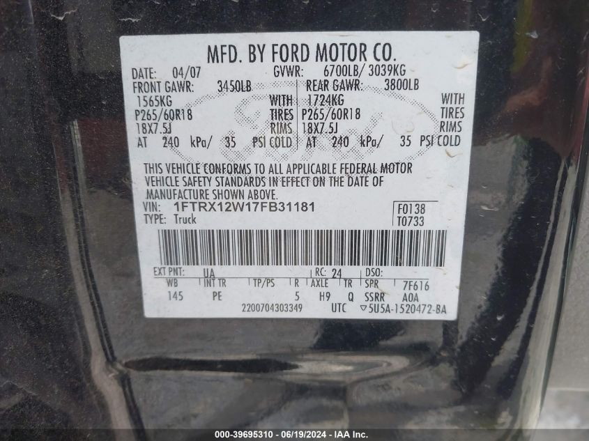 2007 Ford F-150 Stx/Xl/Xlt VIN: 1FTRX12W17FB31181 Lot: 39695310