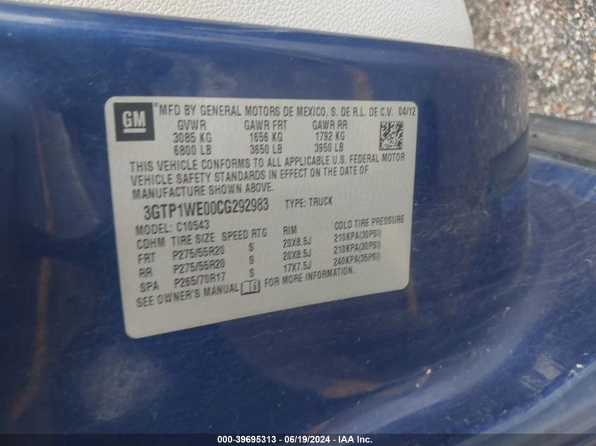 2012 GMC Sierra 1500 Slt VIN: 3GTP1WE00CG292983 Lot: 39695313