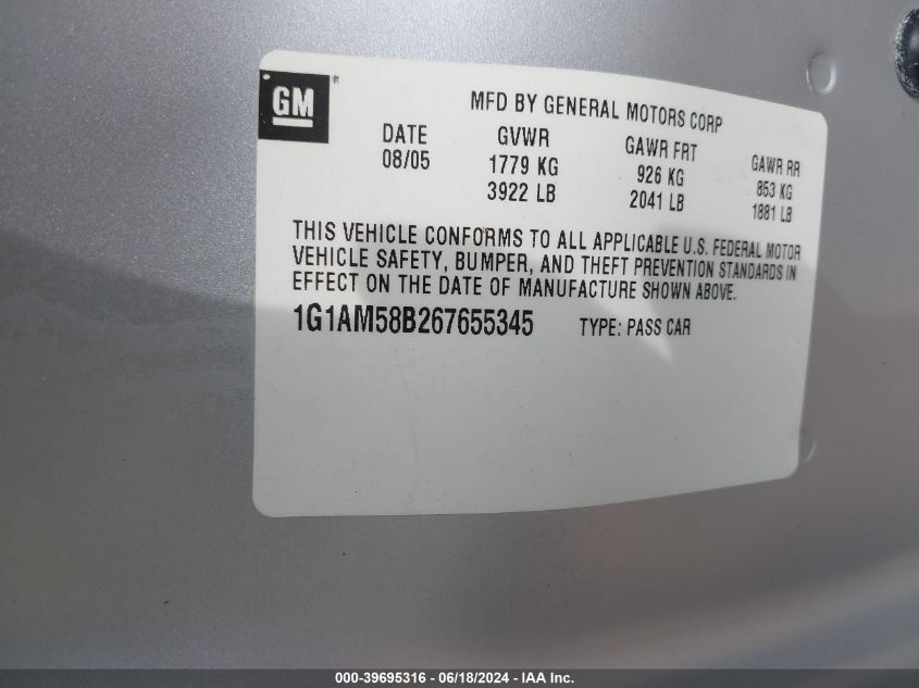 2006 Chevrolet Cobalt Ss VIN: 1G1AM58B267655345 Lot: 39695316