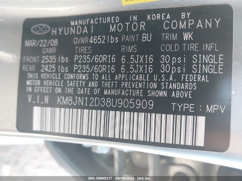 2008 Hyundai Tucson Limited V6/Se VIN: KM8JN12D38U905909 Lot: 39695317