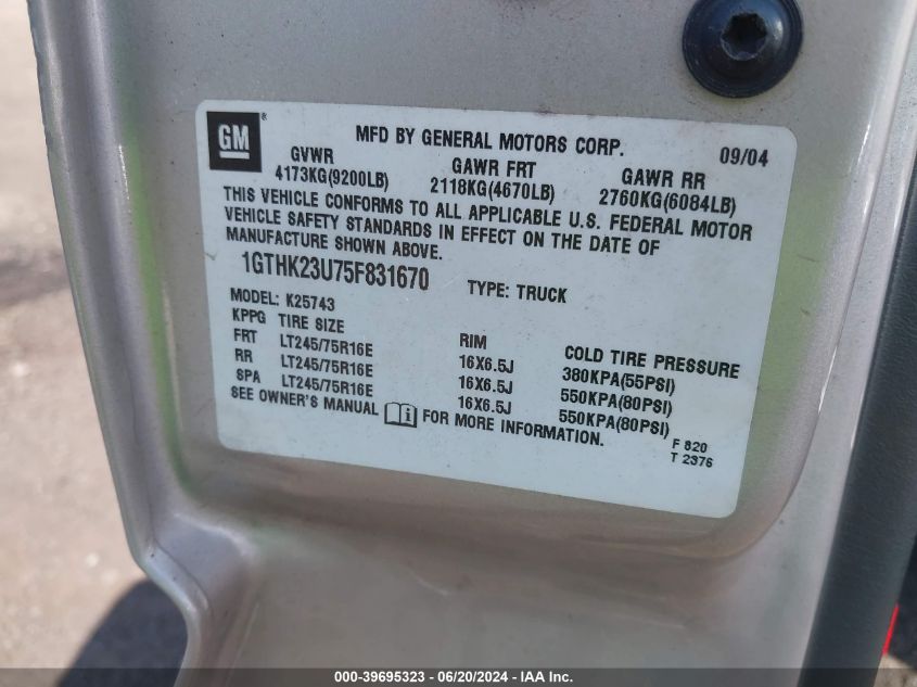 2005 GMC Sierra 2500Hd Slt VIN: 1GTHK23U75F831670 Lot: 39695323