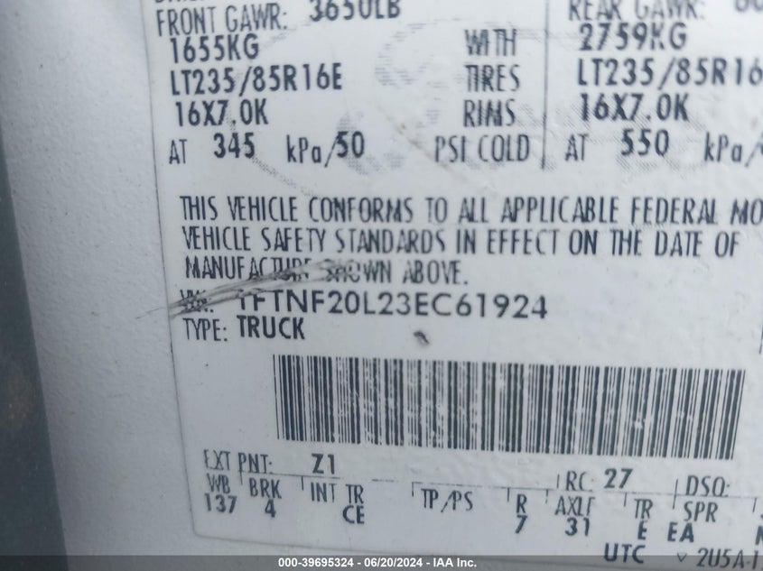 2003 Ford Super Duty F-250 Super Duty VIN: 1FTNF20L23EC61924 Lot: 39695324