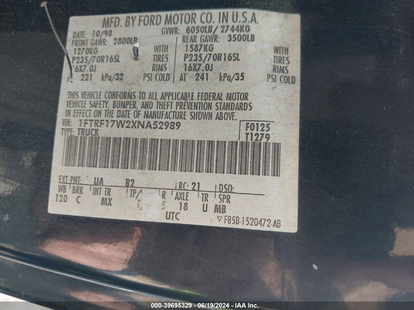 1999 Ford F-150 Lariat/Work Series/Xl/Xlt VIN: 1FTRF17W2XNA52989 Lot: 39695329