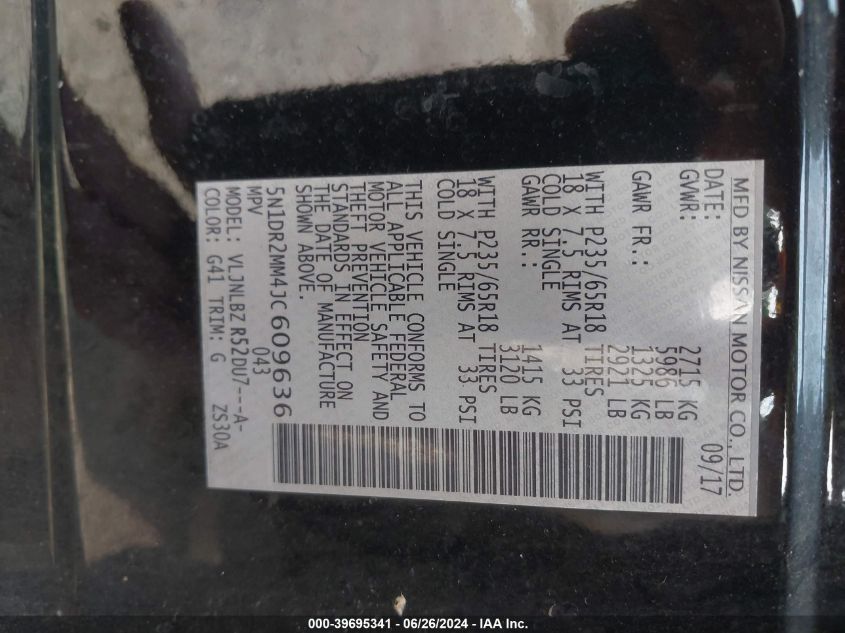 2018 Nissan Pathfinder S/Sv/Sl/Platinum VIN: 5N1DR2MM4JC609636 Lot: 39695341