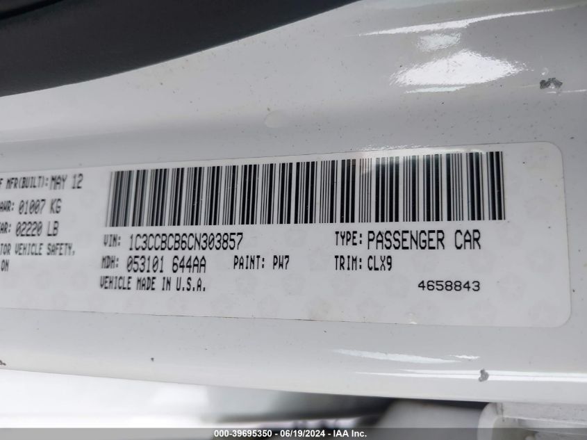 2012 Chrysler 200 Limited VIN: 1C3CCBCB6CN303857 Lot: 39695350