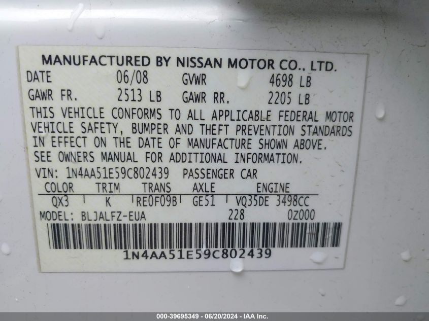 2009 Nissan Maxima 3.5 Sv VIN: 1N4AA51E59C802439 Lot: 39695349