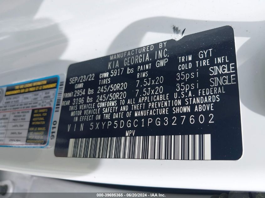 2023 Kia Telluride Sx Prestige VIN: 5XYP5DGC1PG327602 Lot: 39695365