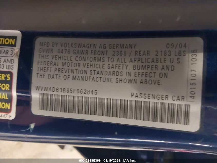 2005 Volkswagen Passat Gls 1.8T VIN: WVWAD63B65E062845 Lot: 39695369
