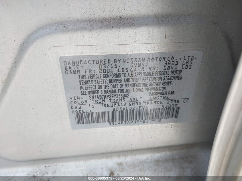 2015 Nissan Sentra S/Sv/Sr/Sl VIN: 3N1AB7AP3FY255942 Lot: 39695375