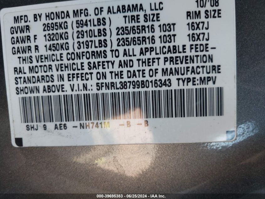 2009 Honda Odyssey Ex-L VIN: 5FNRL38799B016343 Lot: 39695383