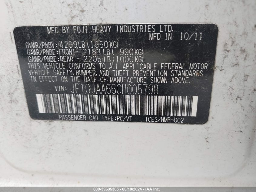 2012 Subaru Impreza 2.0I VIN: JF1GJAA66CH005798 Lot: 39695385