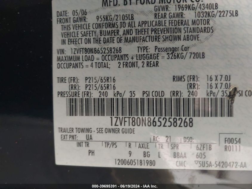 2006 Ford Mustang V6 VIN: 1ZVFT80N865258268 Lot: 39695391