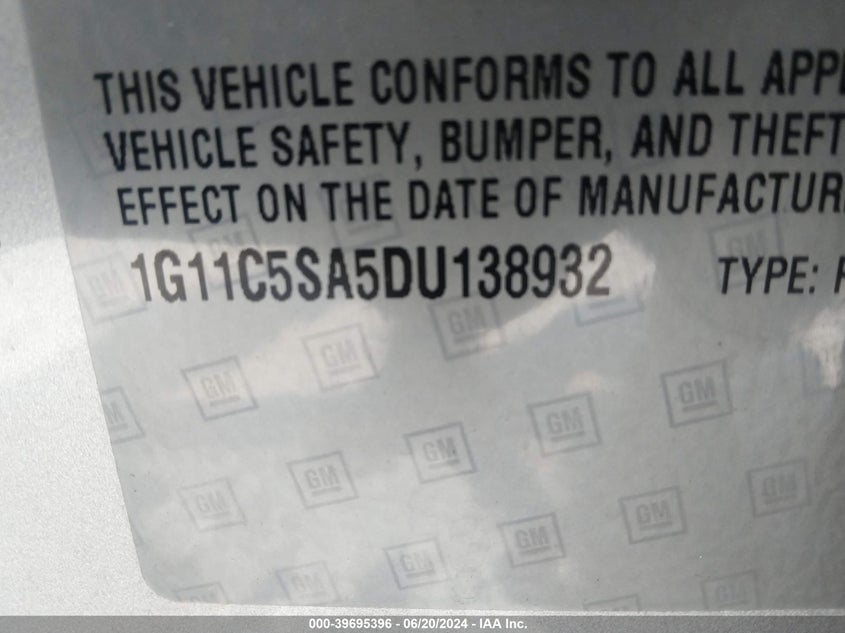 2013 Chevrolet Malibu 1Lt VIN: 1G11C5SA5DU138932 Lot: 39695396