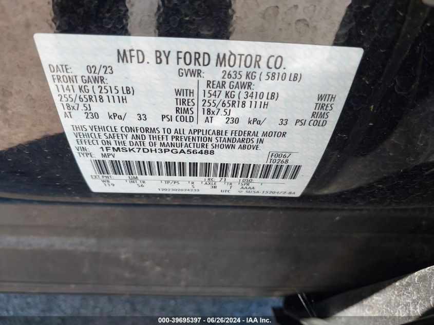 2023 Ford Explorer Xlt VIN: 1FMSK7DH3PGA56488 Lot: 39695397