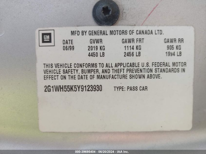 2000 Chevrolet Impala Ls VIN: 2G1WH55K5Y9123930 Lot: 39695404