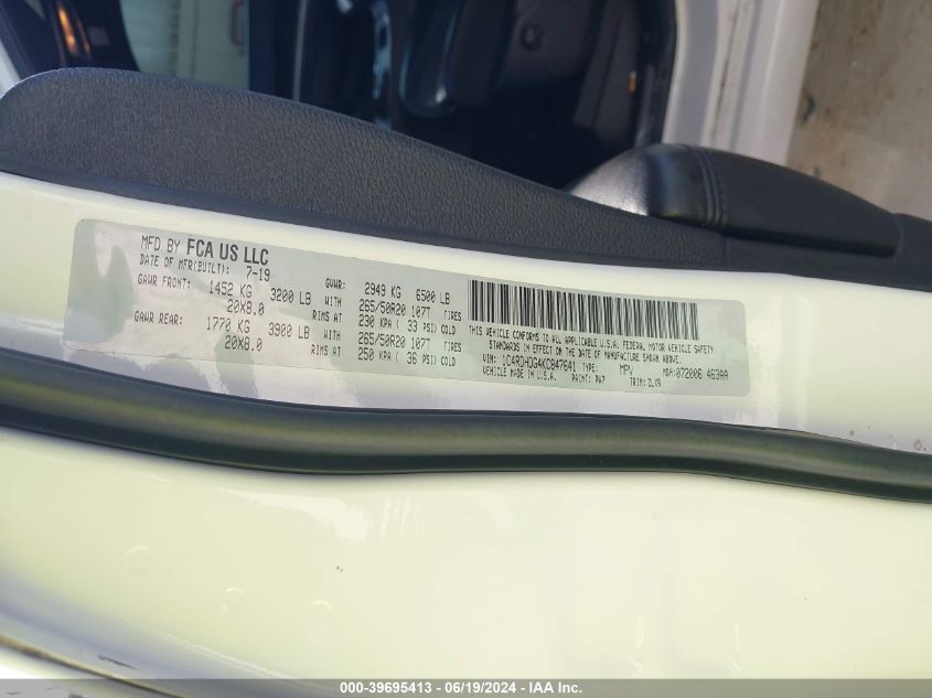 2019 Dodge Durango Gt VIN: 1C4RDHDG4KC847641 Lot: 39695413