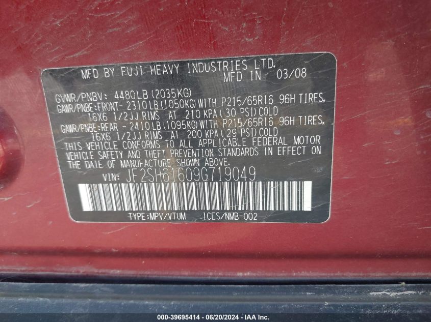 2009 Subaru Forester 2.5X VIN: JF2SH61609G719049 Lot: 39695414