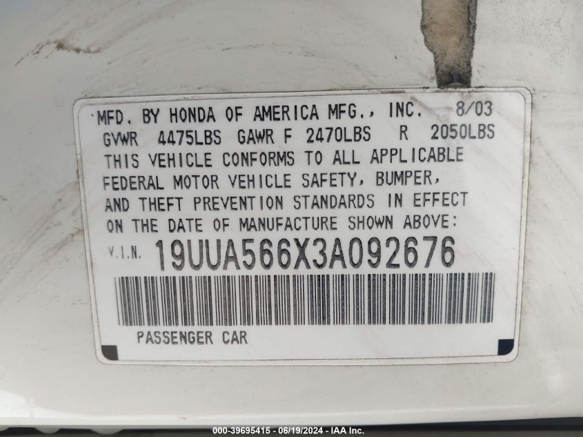2003 Acura Tl 3.2 VIN: 19UUA566X3A092676 Lot: 39695415