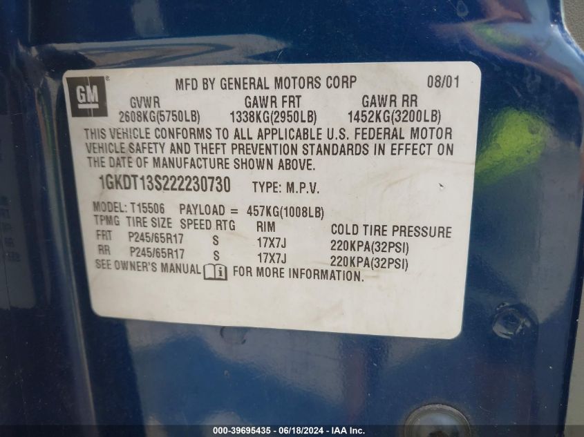 2002 GMC Envoy Slt VIN: 1GKDT13S222230730 Lot: 39695435
