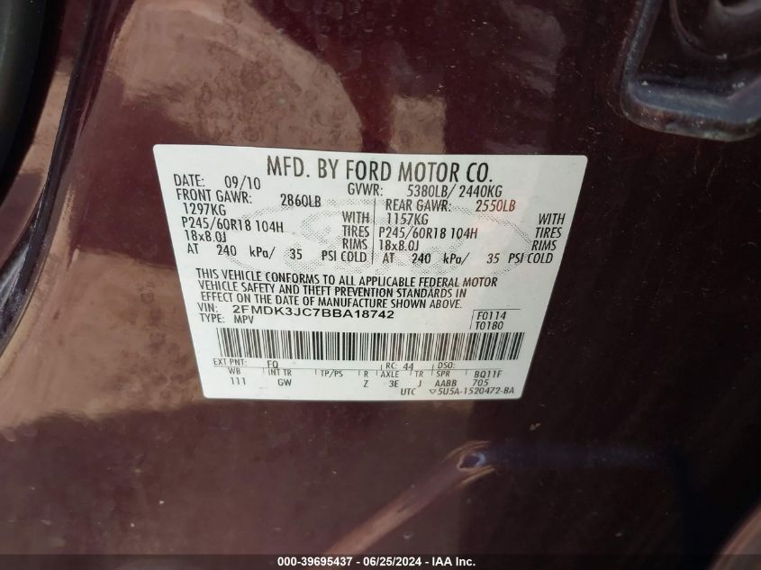 2011 Ford Edge Sel VIN: 2FMDK3JC7BBA18742 Lot: 39695437