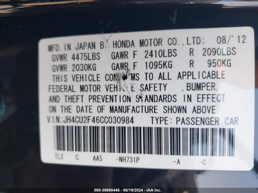 2012 Acura Tsx 2.4 VIN: JH4CU2F46CC030984 Lot: 39695446