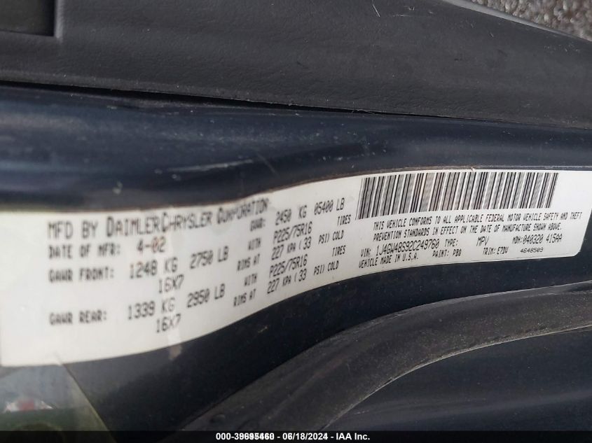 2002 Jeep Grand Cherokee Laredo VIN: 1J4GW48S92C249760 Lot: 39695460