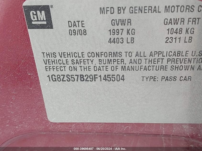 2009 Saturn Aura Xe VIN: 1G8ZS57B29F145504 Lot: 39695487