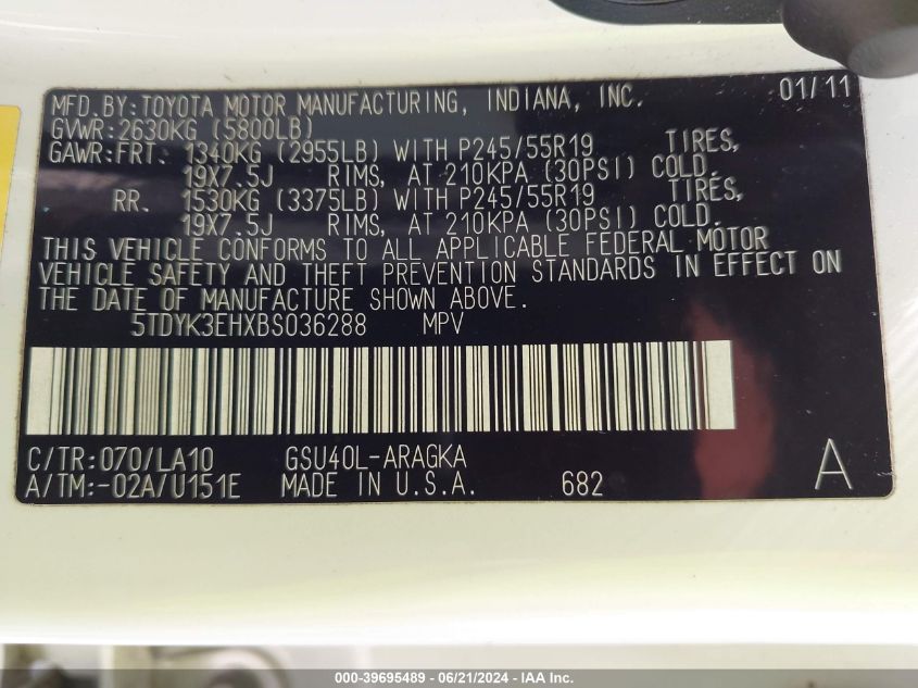 2011 Toyota Highlander Limited V6 VIN: 5TDYK3EHXBS036288 Lot: 39695489