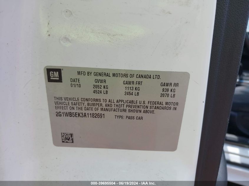2010 Chevrolet Impala Lt VIN: 2G1WB5EK3A1182691 Lot: 39695504