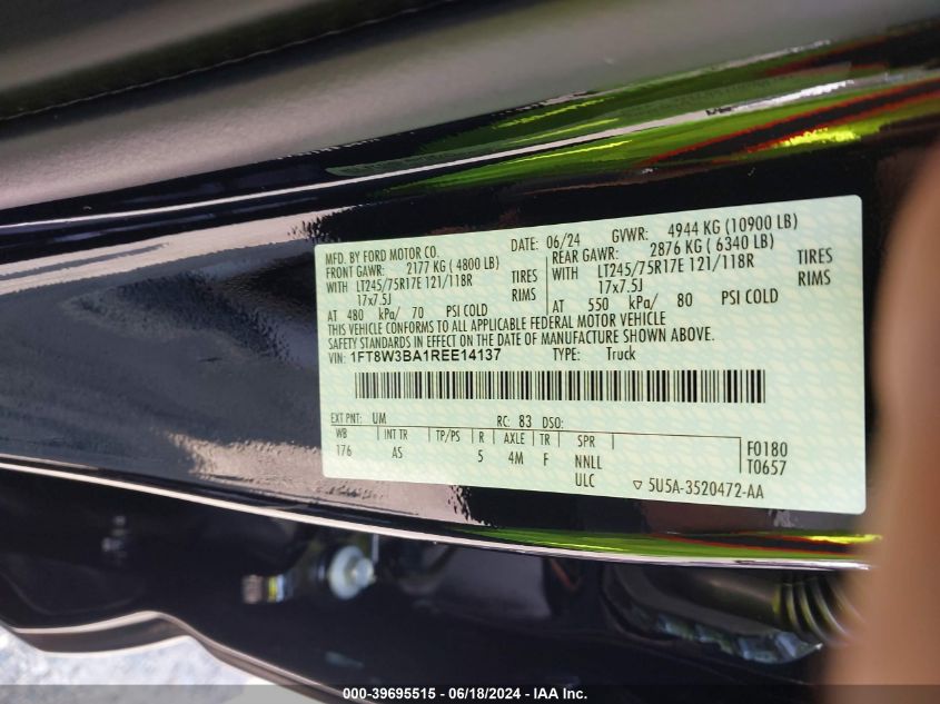 2024 Ford F350 Super Duty VIN: 1FT8W3BA1REE14137 Lot: 39695515