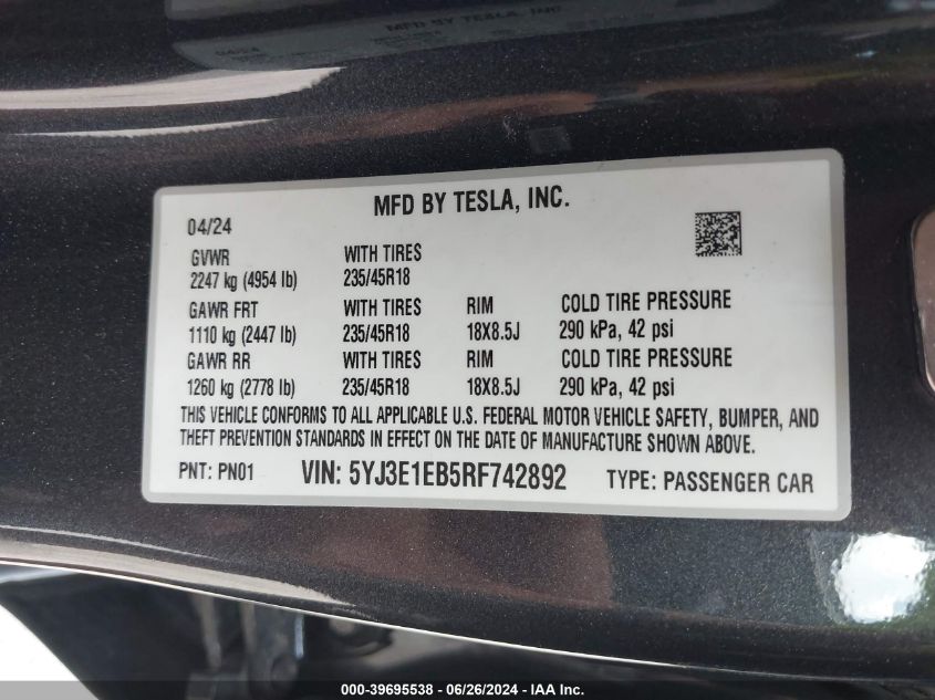 2024 Tesla Model 3 Long Range Dual Motor All-Wheel Drive VIN: 5YJ3E1EB5RF742892 Lot: 39695538