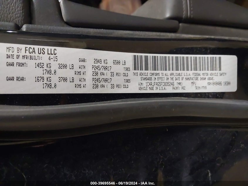 2015 Jeep Grand Cherokee Laredo VIN: 1C4RJFAG5FC835246 Lot: 39695546