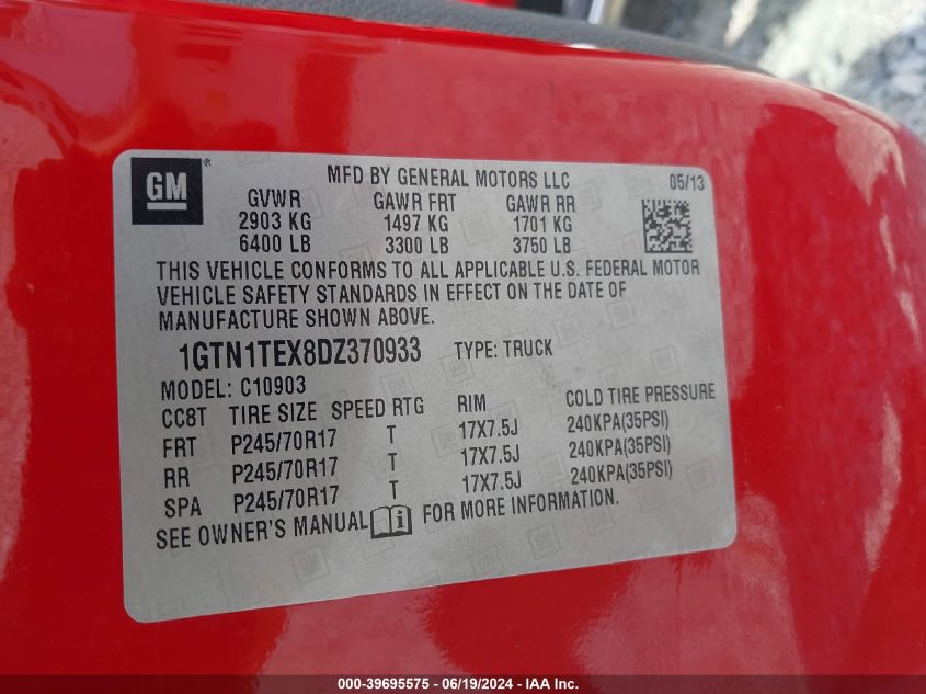 2013 GMC Sierra 1500 Work Truck VIN: 1GTN1TEX8DZ370933 Lot: 39695575