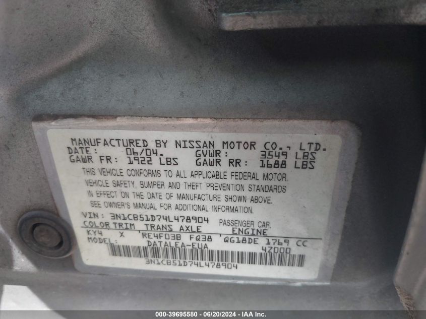 2004 Nissan Sentra 1.8S VIN: 3N1CB51D74L478904 Lot: 39695580