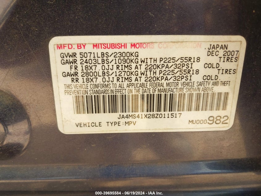 2008 Mitsubishi Outlander Xls VIN: JA4MS41X28Z011517 Lot: 39695584