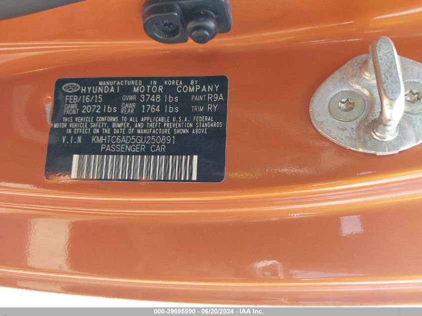 2016 Hyundai Veloster VIN: KMHTC6AD5GU250891 Lot: 39695590