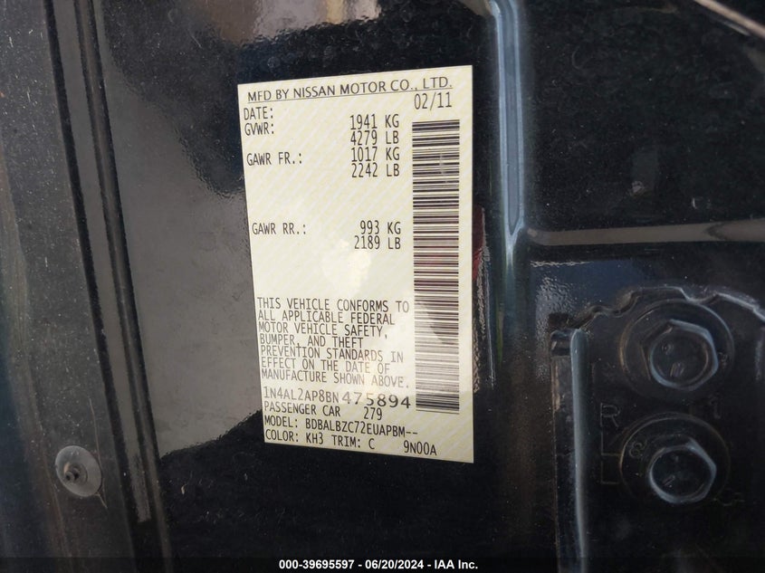 2011 Nissan Altima 2.5 S VIN: 1N4AL2AP8BN475894 Lot: 39695597