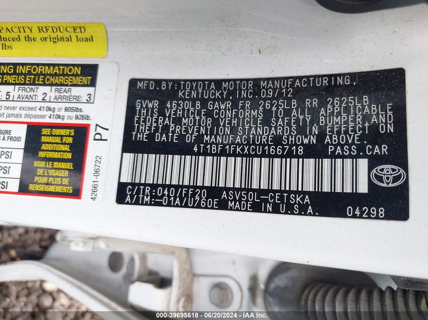 2012 Toyota Camry Se/Le/Xle VIN: 004T1BF1FKXCU1667 Lot: 39695618