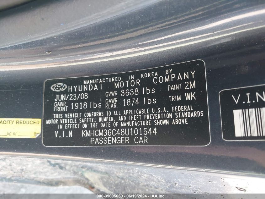 KMHCM36C48U101644 | 2008 HYUNDAI ACCENT