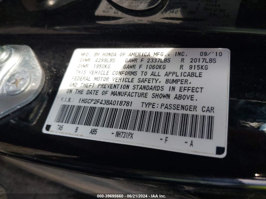 2011 Honda Accord Lxp VIN: 1HGCP2F43BA018781 Lot: 39695660