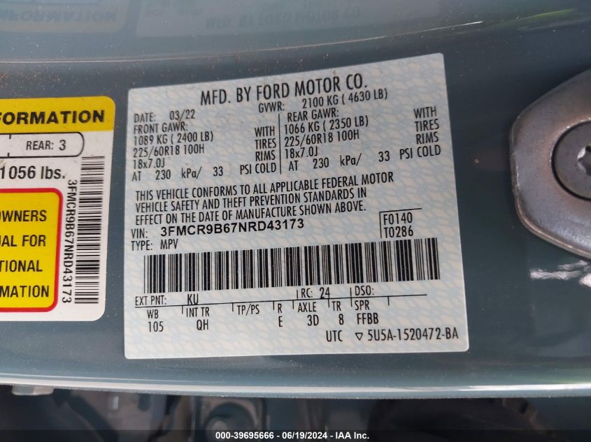 2022 Ford Bronco Sport Big Bend VIN: 3FMCR9B67NRD43173 Lot: 39695666