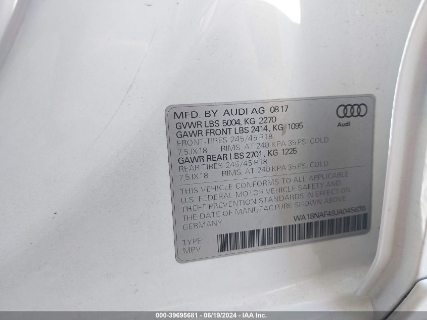 2018 Audi A4 Allroad Premium Plus VIN: WA18NAF49JA045836 Lot: 39695681