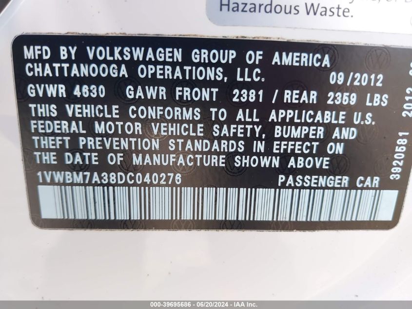 2013 Volkswagen Passat 3.6L V6 Se VIN: 1VWBM7A38DC040276 Lot: 39695686