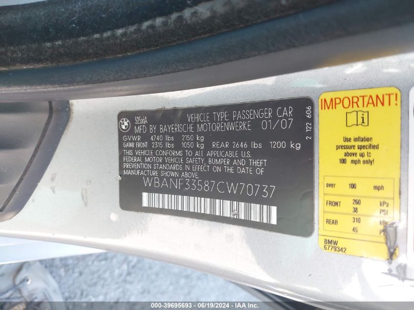 2007 BMW 525Xi VIN: WBANF33587CW70737 Lot: 39695693