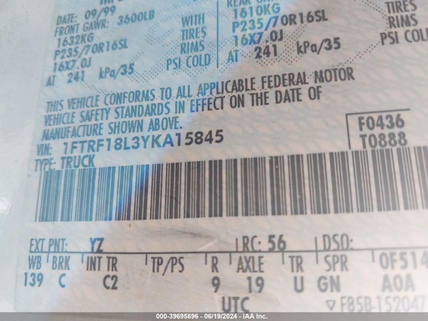 2000 Ford F-150 Work Series/Xl/Xlt VIN: 1FTRF18L3YKA15845 Lot: 39695696