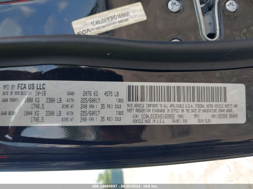 2017 Jeep Compass High Altitude 4X4 VIN: 1C4NJDEB3HD169955 Lot: 39695697