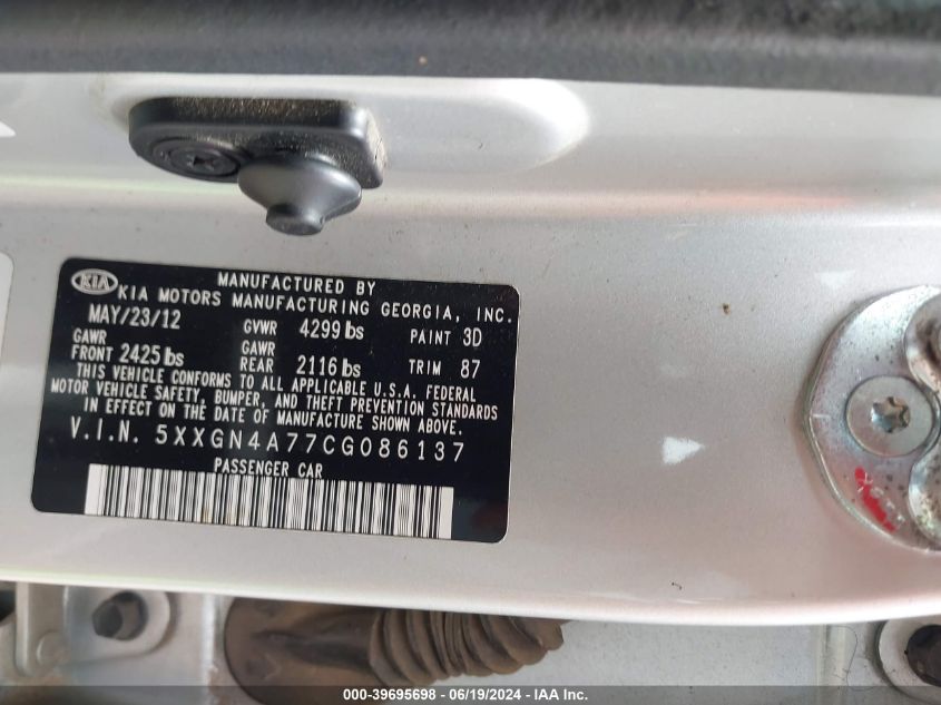 2012 Kia Optima Ex VIN: 5XXGN4A77CG086137 Lot: 39695698